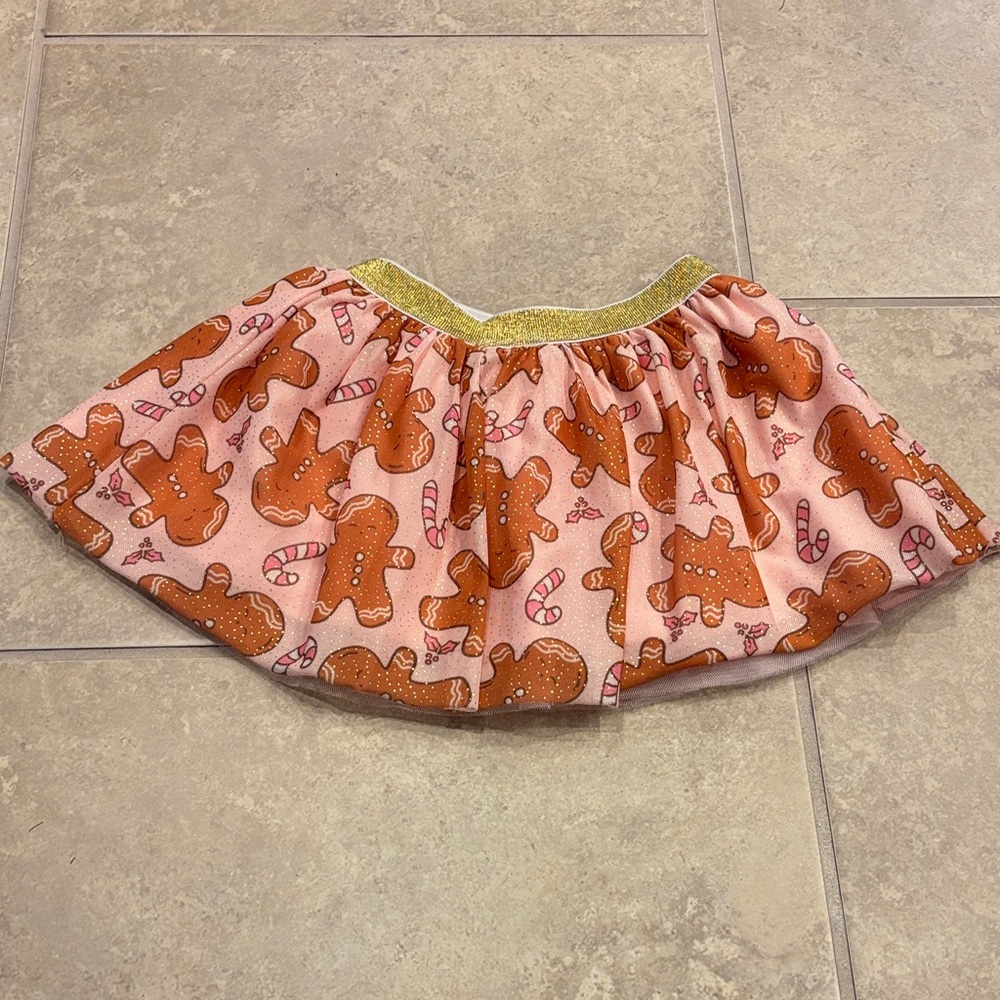 Gingerbread Print Kids Skirt with Gold Waistband